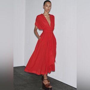 NWT Zara Woman ZW Collection Pleated Midi Cotton Dress in Red